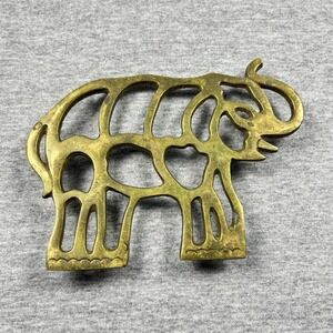 Brass Elephant Trivet Pot Holder Kitchen Accessory Boho Trunk Up Vintage